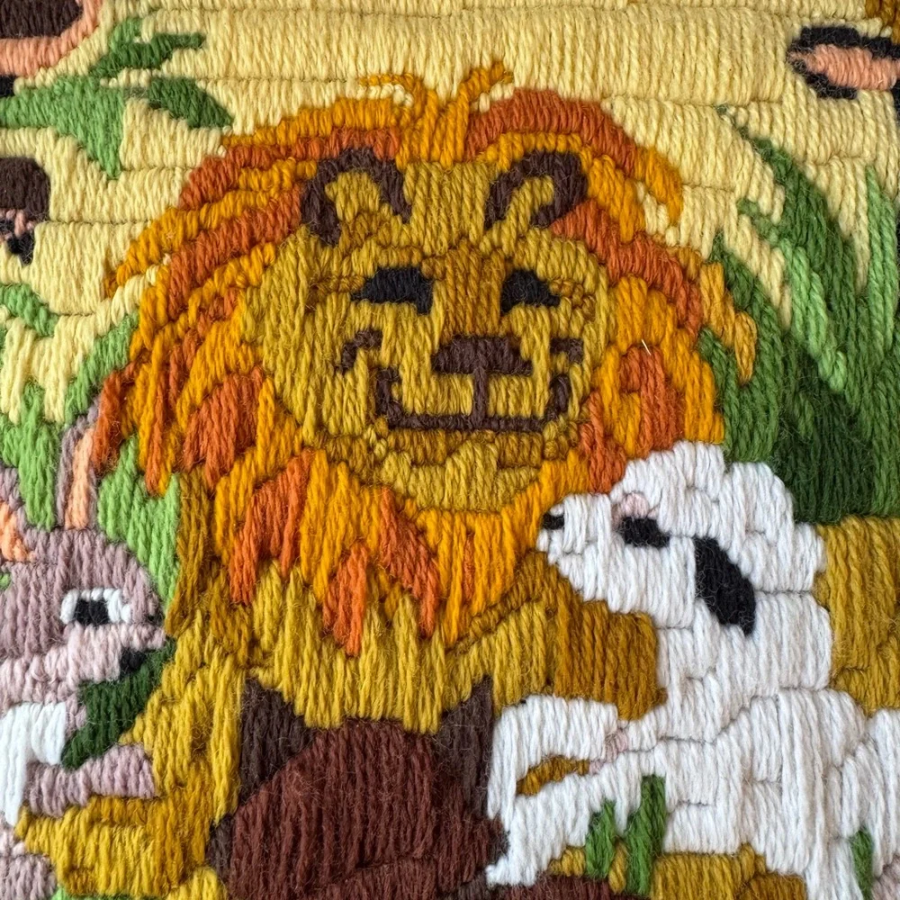 Vintage Yellow and Green Embroidered Nursery Cute Animals Lion Bunny Deer